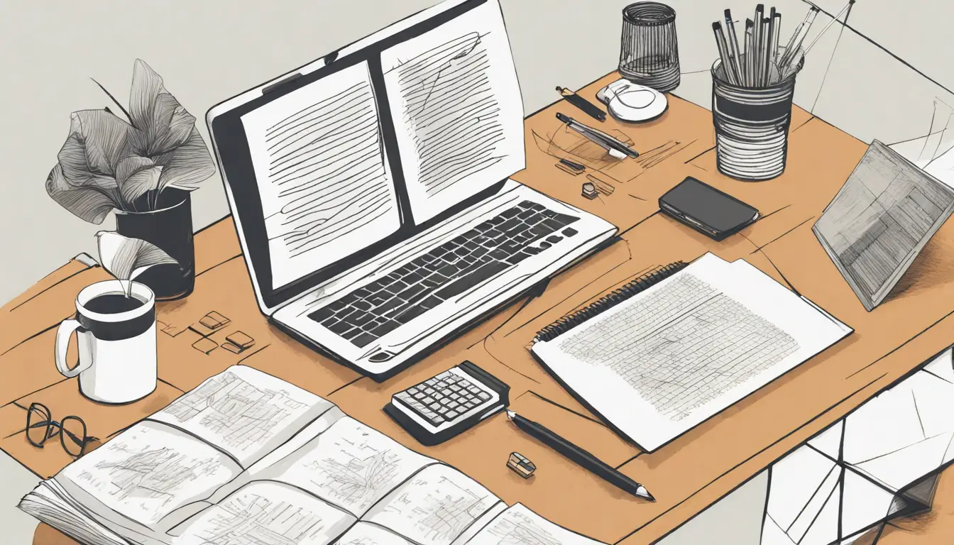 Escritório de contador com livro de contabilidade, calculadora e computador exibindo gráficos, representando os princípios da contabilidade.