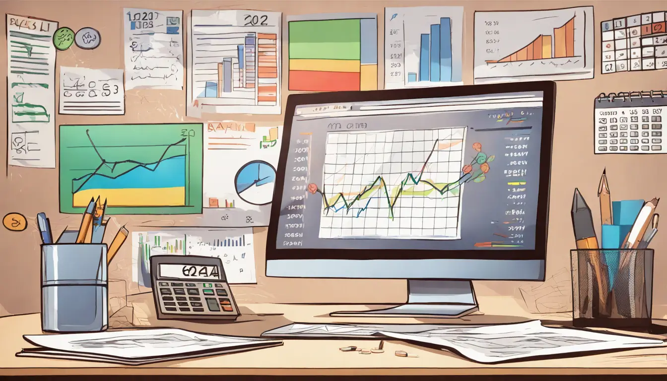 Gráfico de pagamento no monitor com símbolos do Real, calendário de 2024 e folha de pagamento, representando sistemas de folha de pagamento eficientes.