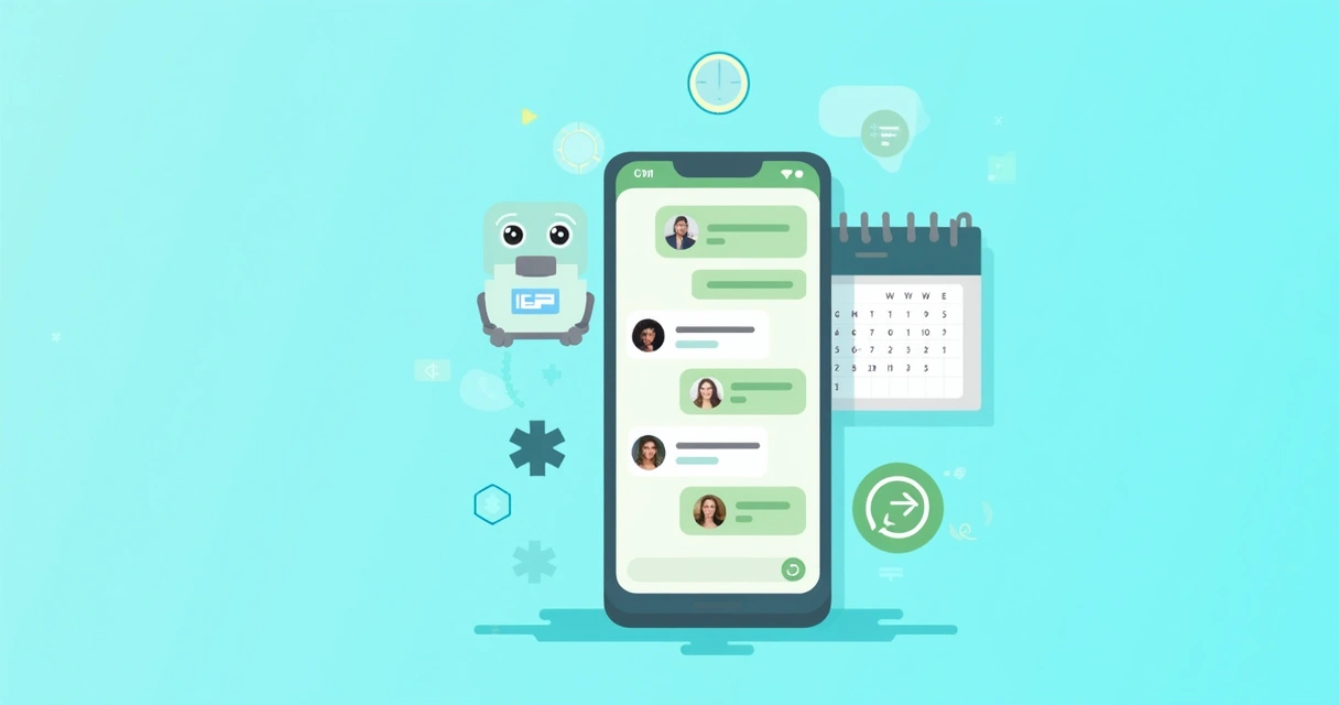 Smartphone exibindo conversa de agendamento via WhatsApp com interface de chatbot e calendário ao fundo