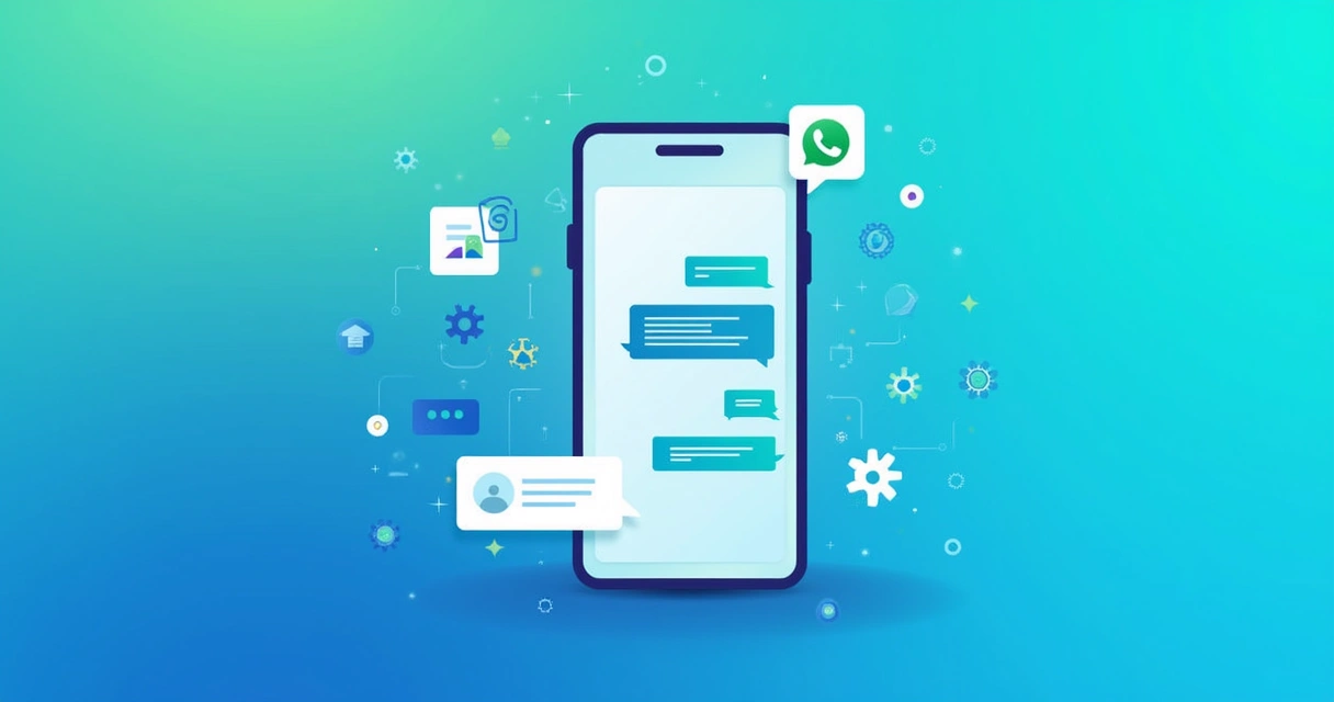 Tela de smartphone com conversa automatizada no WhatsApp em fundo moderno azul e verde com ícones de mensagens e IA