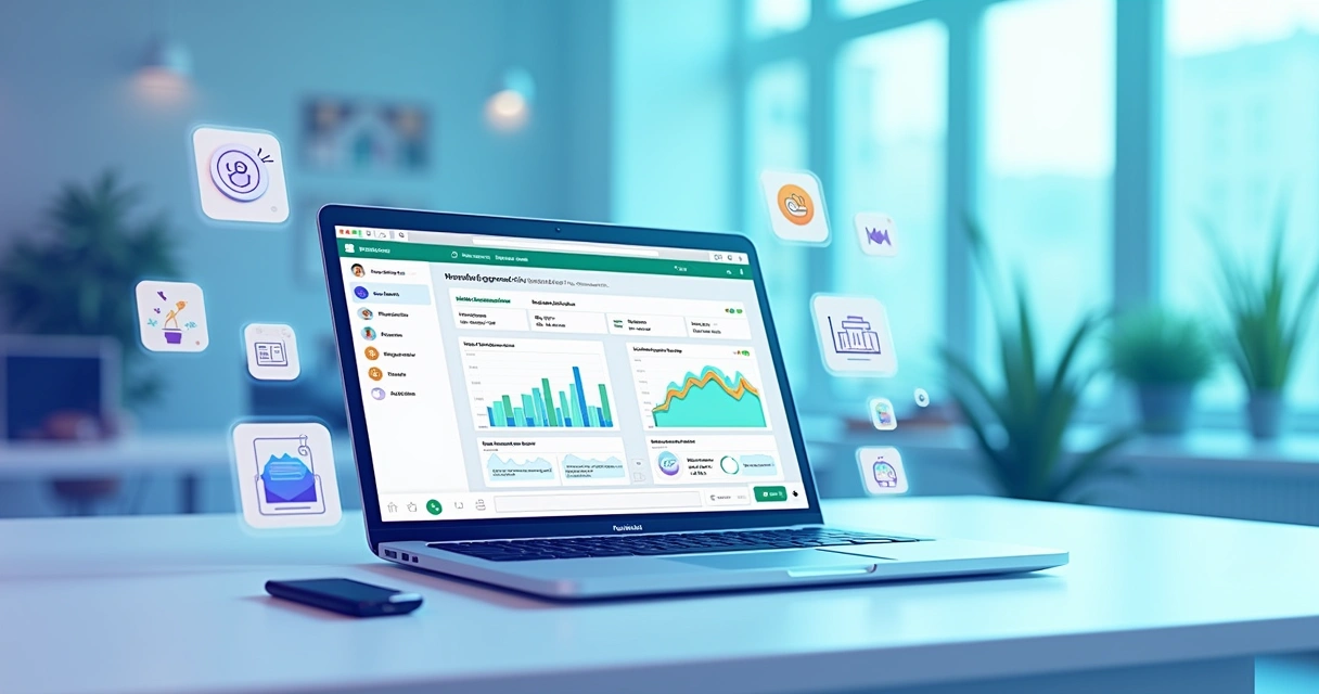 Interface de plataforma CRM com integração WhatsApp mostrando automação e gráficos de atendimento