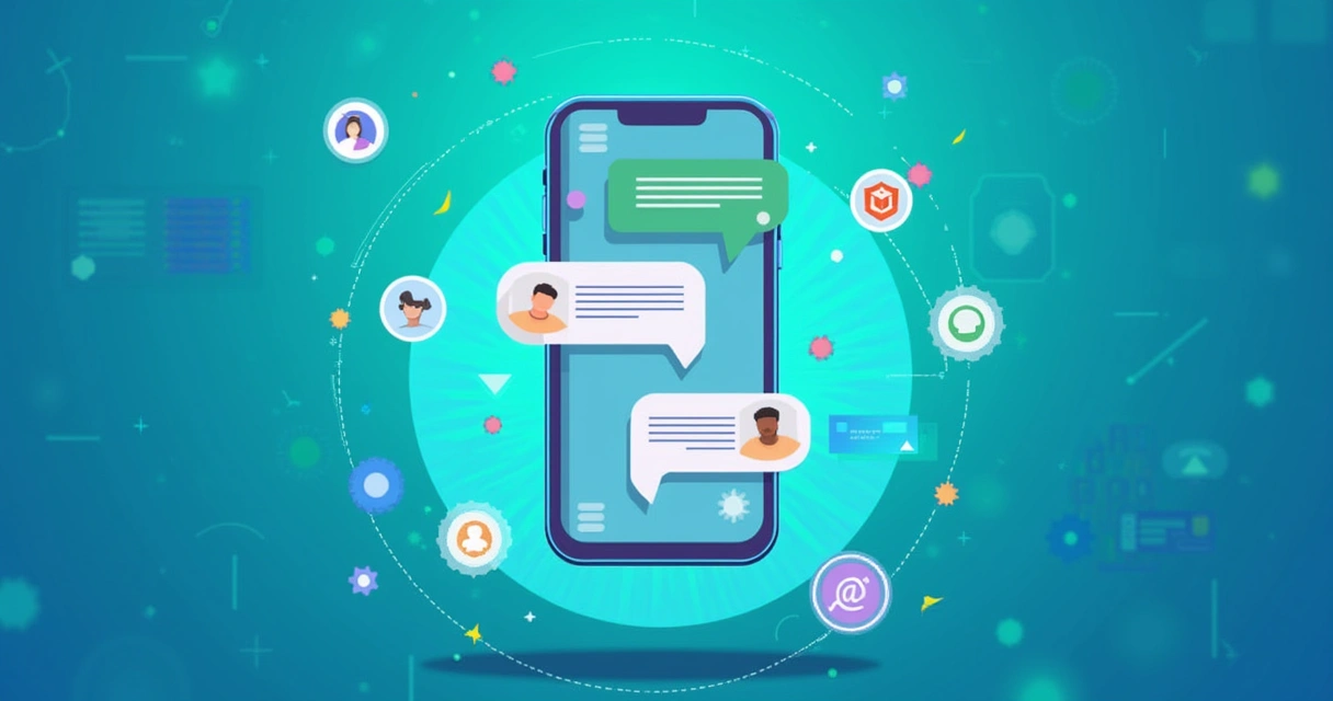 Tela de smartphone mostrando conversa automatizada no WhatsApp com interface de CRM e ícones de inteligência artificial ao redor