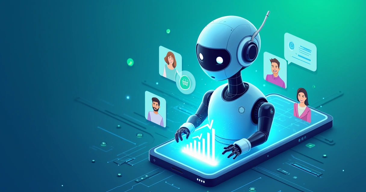 Ilustração de um robô digital interagindo com clientes no WhatsApp para aumentar vendas