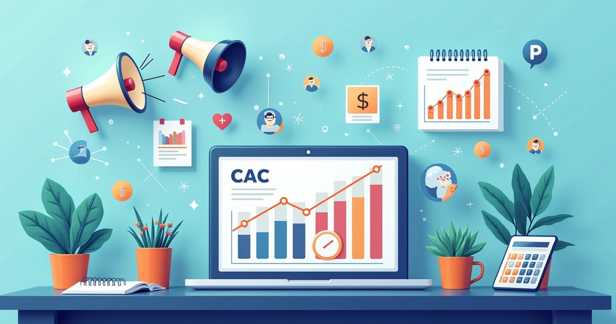 Ilustração de conceito de cálculo do CAC com gráficos e ícones de marketing digital