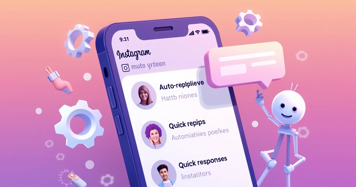 Tela de celular exibindo configuração de mensagem automática no Instagram com ícones de respostas rápidas e chatbot