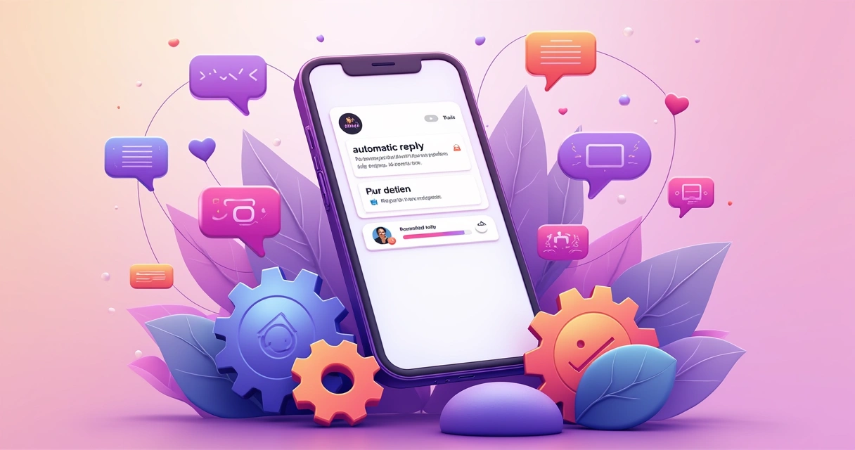 Tela de smartphone exibindo configurações de resposta automática no Instagram com elementos gráficos de automação e IA ao redor
