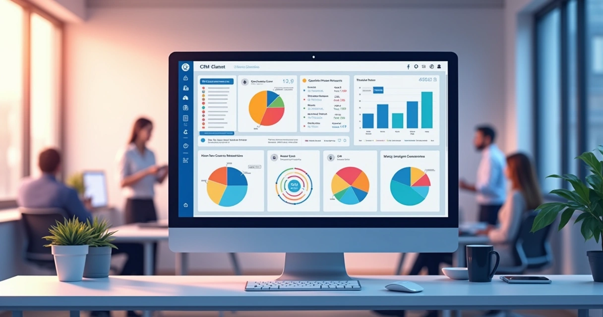 Tela de computador exibindo dashboard colorido de CRM, gráficos de vendas, listas de clientes segmentados e ícones de automação integrada