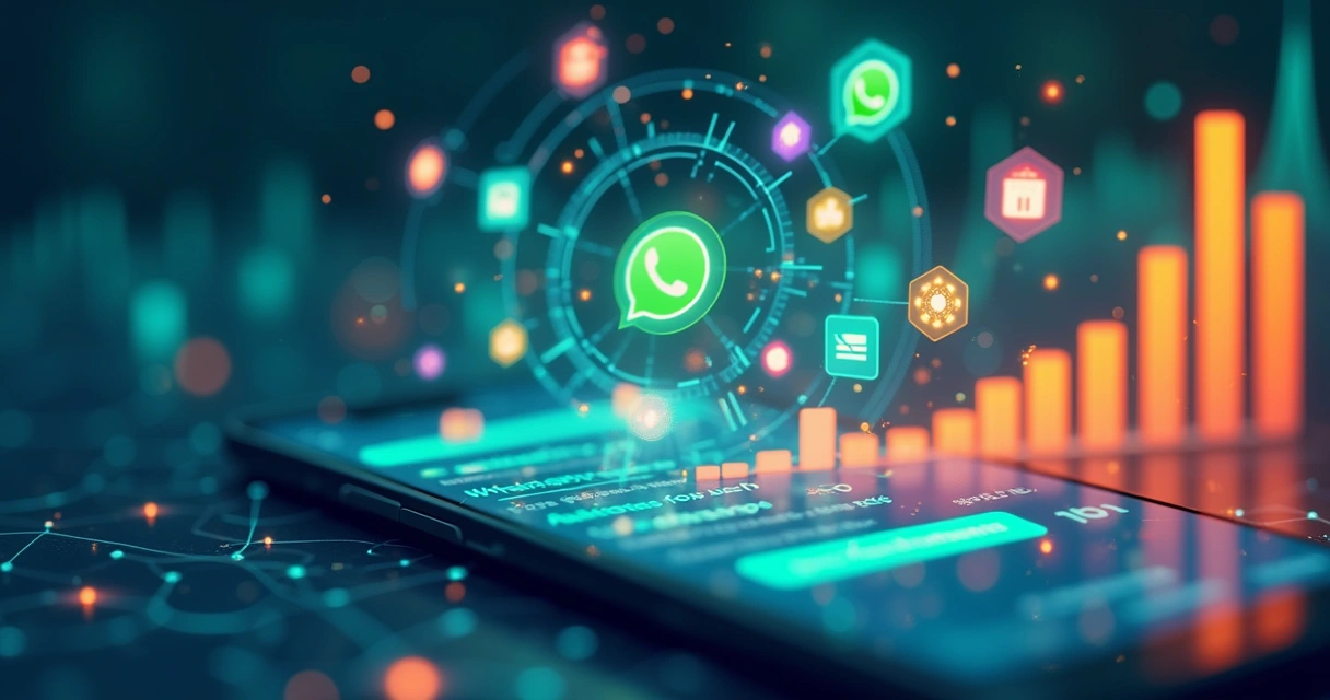 Tela de smartphone mostrando interface de atendimento via WhatsApp com CRM automatizado e gráficos de vendas ao fundo