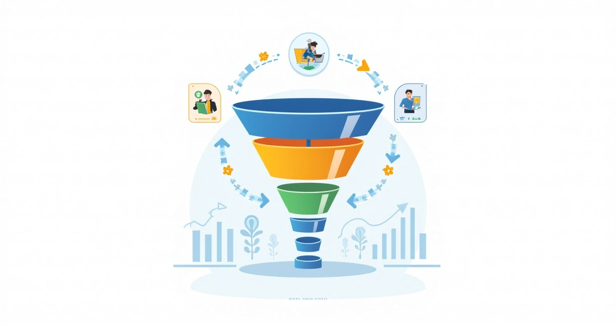 Esquema colorido das etapas do funil de vendas com gráficos e ícones representando marketing e vendas