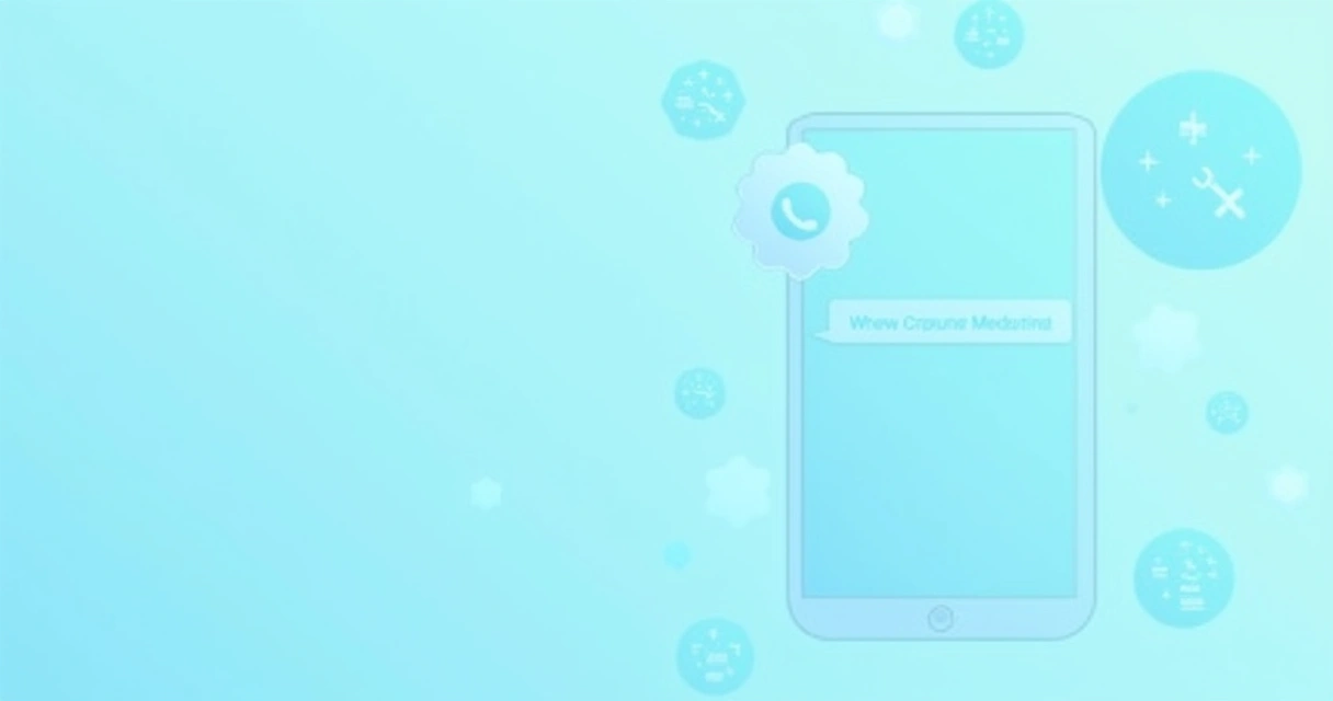 Tela de smartphone com mensagem automática personalizada no WhatsApp exibida na tela, fundo azul claro com ícones de chat e inteligência artificial ao redor
