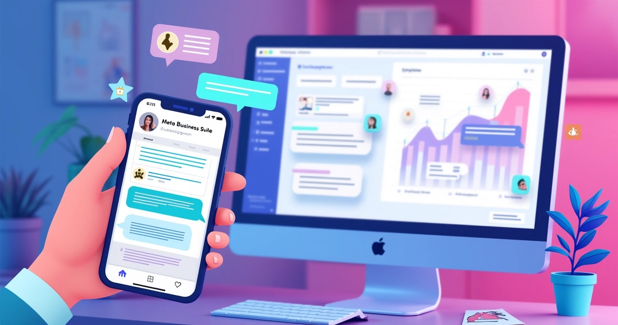 Celular exibindo conversa automatizada de mensagem no Instagram e interface do Meta Business Suite aberta